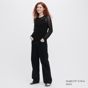 Uniqlo 3D Knit Mesh Long-Sleeve Crew Neck Ženske Džemperi Crne | 6185-TIPKN