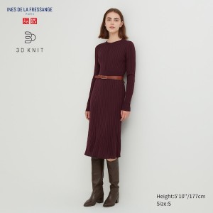 Uniqlo 3D Knit Rebrasti Crew Neck Long-Sleeve Ženske Haljina Bordo | 6389-MUXGH