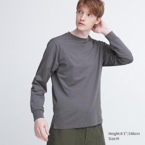 Uniqlo AIRism Cotton UV Protection Crew Neck Long-Sleeve Muške Majice Sive | 5182-EHUOW
