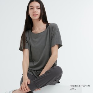 Uniqlo AIRism Seamless Boat Neck Short-Sleeve Long Ženske Majice Tamno Sive | 3214-DOQAW