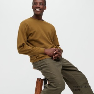 Uniqlo Brushed Cotton Crew Neck Long-Sleeve Muške Majice Tamno Žute | 9460-WLZCQ
