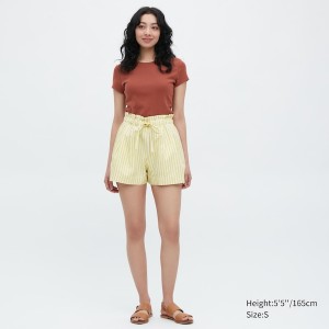 Uniqlo Cotton Linen Prugasta Ženske Kratke Hlače Žute | 8395-YFPUJ