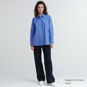 Uniqlo Cotton Long-Sleeve Ženske Košulje Plave | 2071-LKUPZ