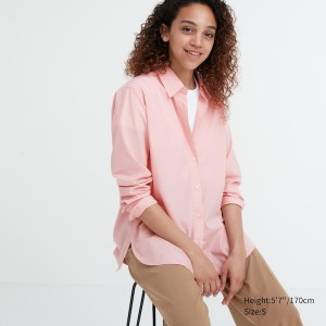 Uniqlo Cotton Long-Sleeve Ženske Košulje Roze | 7295-PZBMO