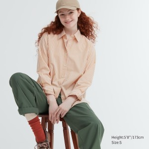 Uniqlo Cotton Prugasta Long-Sleeve Ženske Košulje Žute | 1287-LIRDE