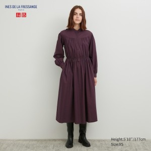 Uniqlo Cotton Twill Checked Volume Sleeve Long Ženske Haljina Smeđe | 1572-AOQPN