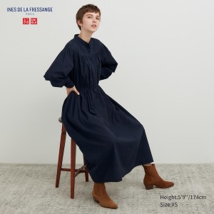 Uniqlo Cotton Twill Volume Sleeve Long Ženske Haljina Tamnoplave | 0958-BIMTV