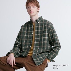 Uniqlo Extra Fine Cotton Broadcloth Checked Long-Sleeve Muške Košulje Maslinasto Zelene | 5149-KHWJO