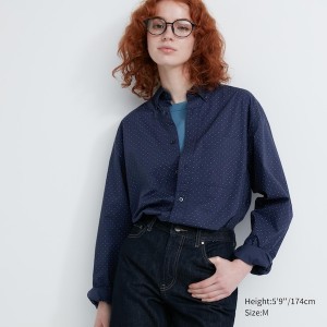 Uniqlo Extra Fine Cotton Broadcloth Dotted Long-Sleeve Ženske Košulje Plave | 5461-JKDSC
