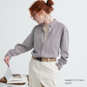 Uniqlo Extra Fine Cotton Broadcloth Prugasta Long-Sleeve Ženske Košulje Narančaste | 9684-BWXEP