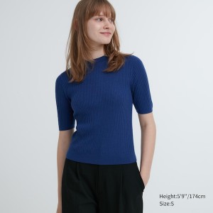 Uniqlo Extra Fine Merino Rebrasti Mock Neck Half-Sleeve Ženske Džemperi Plave | 6824-APWZM