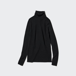 Uniqlo Extra Fine Merino Rebrasti Turtleneck Long-Sleeve Ženske Džemperi Crne | 8796-SDHFN