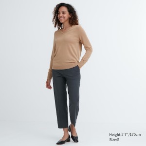 Uniqlo Extra Fine Merino V-Neck Long-Sleeve Ženske Džemperi Bež | 4762-DRHQE
