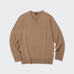 Uniqlo Extra Fine Merino V-Neck Muške Džemperi Boje Marelice | 0421-RDVZC
