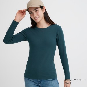 Uniqlo HEATTECH Cotton Crew Neck Long-Sleeve Ženske Majice Tamno Zelene | 7125-JYEAV