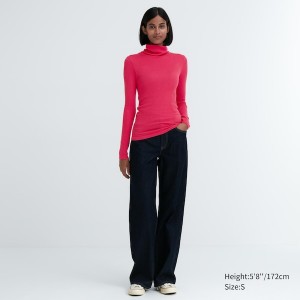 Uniqlo HEATTECH Extra Warm Seamless Rebrasti Turtleneck Long-Sleeve Ženske Majice Fuksije | 8762-ZXSEY