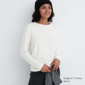 Uniqlo HEATTECH Fleece Crew Neck Long-Sleeve Ženske Majice Bijele | 3608-DSBNO