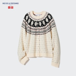 Uniqlo Jacquard Crew Neck Long-Sleeve Ženske Kardigan Bijele | 9071-WQCSN