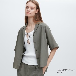 Uniqlo Linen Blend Open Collar Short-Sleeve Ženske Košulje Maslinasto Zelene | 5209-ASUNQ