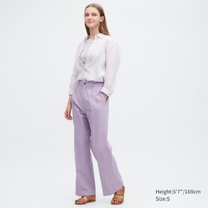 Uniqlo Linen Blend Tucked Wide Ženske Hlače Ljubičaste | 4108-PVTNC