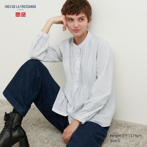 Uniqlo Pintuck Prugasta Long-Sleeve Ženske Košulje Plave | 7123-DRLMZ
