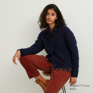 Uniqlo Pointelle Crew Neck Long-Sleeve Ženske Kardigan Tamnoplave | 2683-UGEDJ