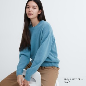 Uniqlo Premium Lambswool Crew Neck Long-Sleeve Ženske Džemperi Plave | 5206-VFQYE