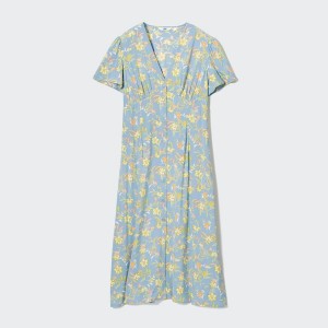 Uniqlo Printed V-Neck Short-Sleeve Flare Ženske Haljina Zelene | 5349-CIFQV