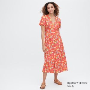 Uniqlo Printed V-Neck Short-Sleeve Flare Ženske Haljina Crvene | 5039-BXOIP