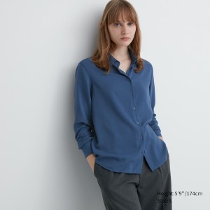 Uniqlo Rayon Long-Sleeve Ženske Košulje Plave | 8704-SICOH
