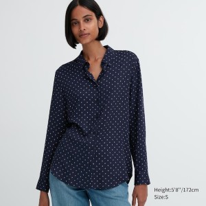 Uniqlo Rayon Printed Long-Sleeve Ženske Košulje Tamnoplave | 3685-RJFLC