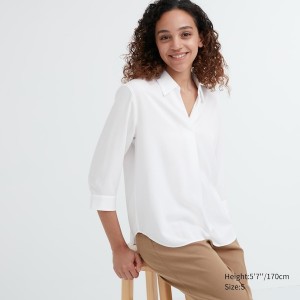 Uniqlo Rayon Skipper Collar 3/4-Sleeve Ženske Košulje Bijele | 7084-JOPKV