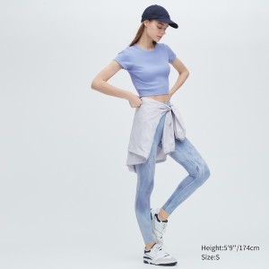 Uniqlo Rebrasti Crew Neck Short-Sleeve Cropped Ženske Majice Plave | 2465-STKMU