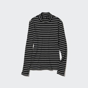 Uniqlo Rebrasti Prugasta High Neck Long-Sleeve Ženske Majice Crne | 1530-ZMATB