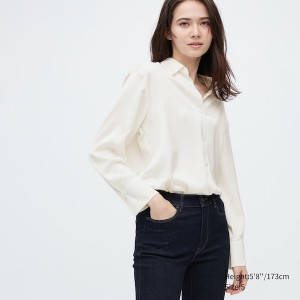 Uniqlo Satin Long-Sleeve Ženske Košulje Bijele | 0587-MOBQP