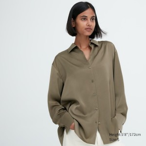 Uniqlo Satin Long-Sleeve Ženske Košulje Maslinasto Zelene | 0926-XUGEO