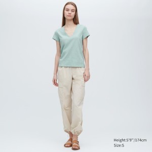 Uniqlo Slub Jersey V-Neck Short-Sleeve Ženske Majice Tirkizne | 0893-HZXCP