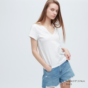 Uniqlo Slub Jersey V-Neck Short-Sleeve Ženske Majice Bijele | 7693-SQDVL