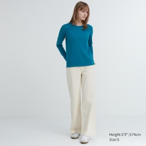 Uniqlo Smooth Stretch Cotton Crew Neck Long-Sleeve Ženske Majice Plave | 2389-OCELZ