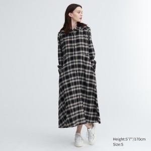 Uniqlo Soft Brushed Checked Long-Sleeve Shirt Ženske Haljina Crne | 5697-JRBAQ