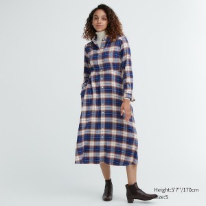 Uniqlo Soft Brushed Checked Long-Sleeve Shirt Ženske Haljina Plave | 4197-DRAFK