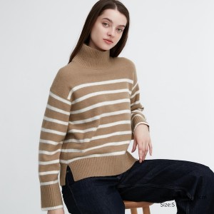 Uniqlo Souffle Yarn Prugasta High Neck Long-Sleeve Ženske Džemperi Bež | 0482-GASLN