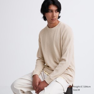 Uniqlo Waffle Crew Neck Long-Sleeve Muške Majice Bež | 1657-ITKMF