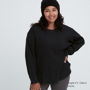 Uniqlo Waffle Crew Neck Long-Sleeve Ženske Majice Crne | 2648-CANUI