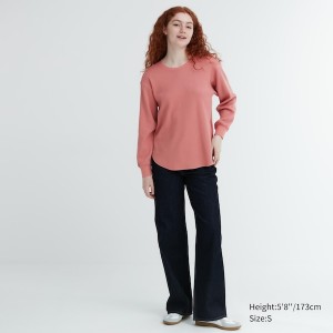 Uniqlo Waffle Crew Neck Long-Sleeve Ženske Majice Roze | 2841-SNVBW