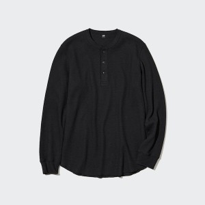 Uniqlo Waffle Long-Sleeve Henley Muške Majice Crne | 3578-KHOGW