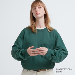 Uniqlo Washed Cotton Crew Neck Long-Sleeve Ženske Majice Zelene | 4092-LQBRT