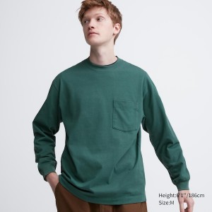 Uniqlo Washed Cotton Crew Neck Long-Sleeve Muške Majice Zelene | 3486-FHCPB