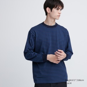 Uniqlo Washed Cotton Oversized Crew Neck Long-Sleeve Muške Majice Plave | 7321-VECDY