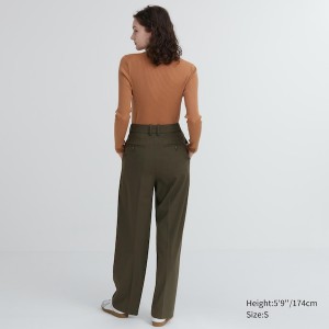 Uniqlo Wide-Fit Plisirana Ženske Hlače Maslinasto Zelene | 8092-MKIHV